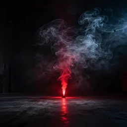 smoke circles in a dark room, red light from distance