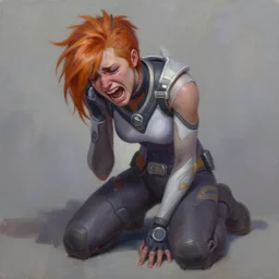 oil painting of crying depressed screaming tracer overwatch in the style of sophie anderson, on knees,