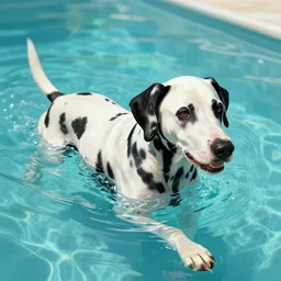 dalmatian dog swimming in pool, elegant, highly detailed, digital painting, artstation, concept art, matte, sharp focus, illustration