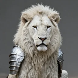 a white lion wearing human armour, 8k, detailed, realistic,
