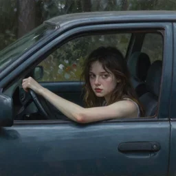 A masterpiece oil painting of a girl trapped in a car in the dark woods, the only light visible is the light from the car