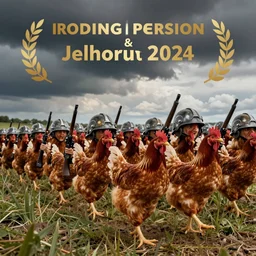 an army of chickens with helmets marching with their guns