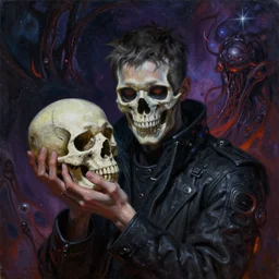 a painting of a man with a skull in his hand, cyberpunk art by alexander jansson, trending on artstation, vanitas, dystopian art, cosmic horror, apocalypse art
