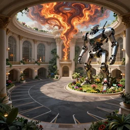 Futuristic parking lot with ((((beautiful and magical garden)))). By Frank Lloyd Wright, concept art, inrincate, sharp focus, digital painting, unreal engine, cgsociety, neoclassical, mech, robot, fractal flame, cinematic, highly detailded