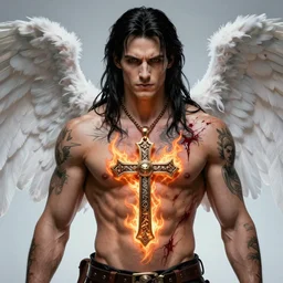 Buffy the vampire slayer character angel as a half-muscular half-blood angel with a big cross pendant and religious tattoos on chest and neck, stained and bleeding, magic overlays, magic flames, open portal with runes in the background, romance book cover style, D&D illustration style, (octane render) fantasy style, sharp focus, ultra detailed, art by Artgerm and Peter Andrew Jones, Ayami Kojima, Amano and Olivier Ledroit