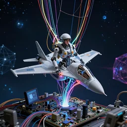 dark realism aircraft battle : a beautiful robot fighter pilot is suspended by luminous intricate organic and colorful electric cables and wires and fiber to the jet cockpit computer motherboard, experiencing the quantum field cinematic highly detailed realistic beautiful cosmic neural network o