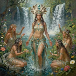 a detailed portrait beautiful divine tribal high priestess and water nymphs with feathers and crystals in a lush field of flowers, playing in waterfalls, wide painting by greg rutkowski and hr giger, zbrush, trending on artstation : 1 h 1 0 2 4