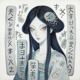 acrylic painting of a bizarre psychedelic woman in japan surrounded by forgotten runes, mixed media collage by basquiat and jackson pollock, maximalist magazine collage art, retro psychedelic illustration