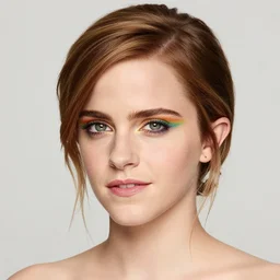 Photo of Emma Watson wearing rainbow makeup, soft studio lighting, photo taken by Martin Schoeller for Abercrombie and Fitch, award-winning photograph, 24mm f/1.4