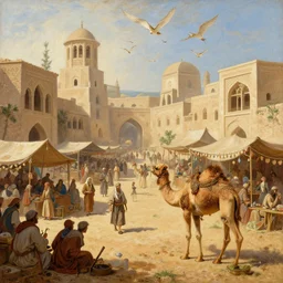 a movimented medieval market painted by jan baptist huysmans, adorned architecture, birds, nature, middle east, epic painting, cgsociety, sand, beautiful, camel, semirealism, artstation, volumetric light, octane render, sharpness, 8 k, golden ratio