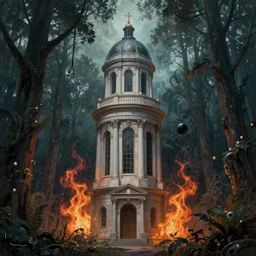 neoclassical tower with dome on a magical gloomy mystical forest. by ( rembrandt painting ( 1 0 0 ) ( fractal flame ) ), psychedelic, mech, pearlized, highly detailded