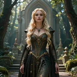 Beautiful art portrait of Melissa Rauch as a fantasy gothic priestess in a bright temple surrounded by lush forest, atmospheric lighting, intricate detail, cgsociety, hyperrealistic, octane render, RPG portrait, ambient light, dynamic lighting