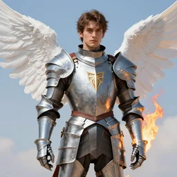 fantasy character portrait, bright armor male human knight with burning!!!!! + angel wings, ultra realistic, wide angle, intricate details, mechanical artifacts, sharp focus, highly detailed by peter mohrbacher, hajime sorayama, wayne barlowe, boris vallejo, aaron horkey, gaston bussiere, craig mullins