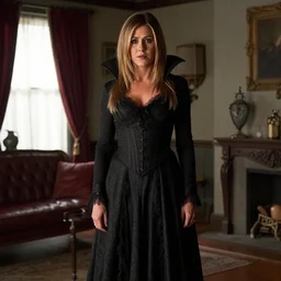 jennifer aniston posing as a vampire in gothic clothing in a rustic apartment