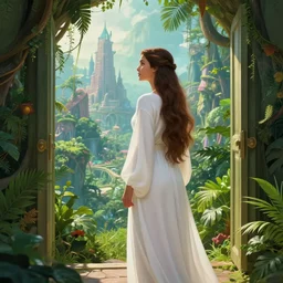 A beautiful jungle princess wearing white robes stands in a doorway looking out over a fantastical city, by J. Allen St. John