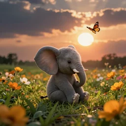 cute tiny elephant sitting at flower field, back view, sunset, sun in the sky, butterfly in air, cinematic, dramatic light, photo realistic, hd, detailed, national geographic magazine