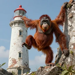 realistic red orangutan climbing on the ruined lighthouse on the postcard, artstation trends, sci fi concept art, highly detailed, intricate, sharp focus, digital art, 8 k