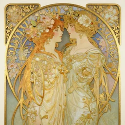 the lovers | highly detailed | very intricate | art nouveau | gold filigree | pre - raphaelite romantic storybook fantasy | made of flowers | soft cinematic lighting | award - winning | painted by audrey kawasaki | pastel color palette | featured on artstation