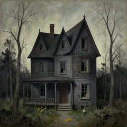 a painting of a creepy house in the style of  Zdzisław Beksiński