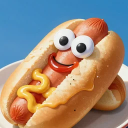 smiling hotdogs with googly eyes dripping in ketchup and mustard and cheese, photorealistic
