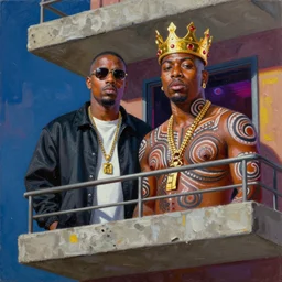 palette knife oil painting portrait of 2 pac, a king - with gold crown with rubies, man in mafia wear and australian aboriginal body paint, concrete balcony, nightclub, artstation trending, artgerm, any racial background, deviant art, hipster, octane, substance, art history 8 k