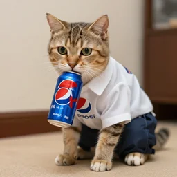 a cat with shirt and pants and grabbing pepsi, 4k