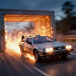 scene from back to the future, a single delorean from back to the future with closed doors, driving very fast, lightning around the car, fire on the road, driving through a portal, motion blur