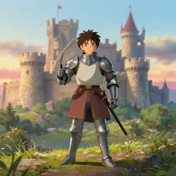 a medieval knight training with his near a castle at sunrise, ghibli studio, pixar and disney style, high quality, highly detailed, high coherence, path traced, anatomically correct, five fingers, realistic, digital art, daytime, serene scene, colorful, symmetrical, soft colors, complementary colors, unreal engine 5, octane render