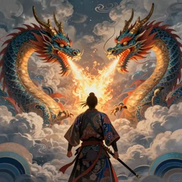 An ultra high-resolution 8K full-canvas scan of a warrior facing a dragon which is blowing fire towards a cloudy sky , fine art, trending, featured, 8k, photorealistic, dynamic, energetic, lively perspective, well-designed masterpiece, hyper detailed, unreal engine 5, IMAX quality, cinematic, epic lighting, light and shadow, ocean caustics, digital painting overlaid with aizome patterns, by Ohara Koson and Thomas Kinkade, traditional Japanese colors, superior quality