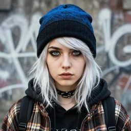 highly detailed closeup portrait of a sewer punk lady student, beanie, tartan hoodie, frosty white hair by atey ghailan, by greg rutkowski, by greg tocchini, by james gilleard, by joe fenton, by kaethe butcher, gradient, blue, black, brown and cream color scheme, grunge aesthetic!!! white graffiti tag wall background