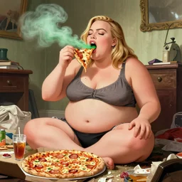 a very fat margot robbie sitting in a messy room and burping because she ate too much pizza and junk food, green gas coming from her mouth, fantasy art, illustration, amazing detail, in the style of greg rutkowski, artgerm, cgsociety