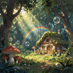 A hyper real comic book style painting of an enchanted irish forest with toadstools and forest hut. Soap bubbles and rainbow in the air, sun beams flowing through the trees. Octane render, dynamic lightning.