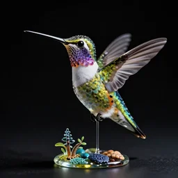 hummingbird made of glass, studio photograph, black background