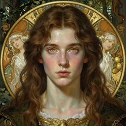 symmetry portrait of brunette magical prince, teenage jensen ackles, renaissance, golden eyes, glass skin, forest background, intricate, elegant, highly detailed, digital painting, artstation, concept art, smooth, sharp focus, illustration, art by artgerm and greg rutkowski and fra angelico and alphons mucha
