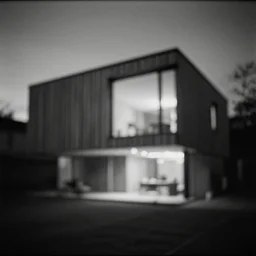 modern house in the wood, artwork by william blake, night, pinhole analogue photo quality, monochrome, blur, unfocus, cinematic, 3 5 mm