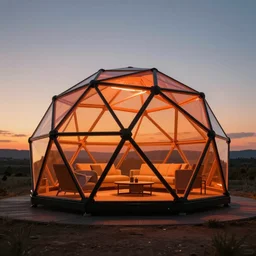 photo of a generative design one - man innovative living pod, orange and black colour palette, sunset scene, geodesic structure