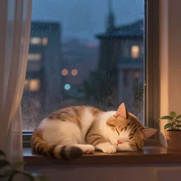 cute cat sleeping in front of a window with a view of a rainy city, bokeh lights, dark sky, cozy indoor lighting, greg rutkowski, artstation, loish, alena aenami