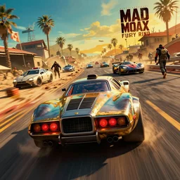 mad max fury road film still with the car dolorean ( back to the futur ), racing on a post apocalyptic highway, gta 5, fallout 4, rocket league, hyper detailed, forza, smooth, high contrast, volumetric lighting, octane, george miller, jim lee, vibrant rich deep color, comic book, ridley scott
