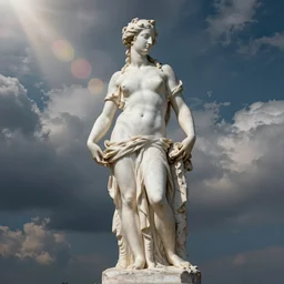 concept art of beautiful female sculpture, lens flare, clouds, masterpiece of renaissance sculpture