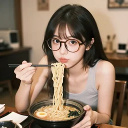 beautiful japanese young woman with large round glasses, wearing a tanktop, eating ramen in her messy apartment, flash photography