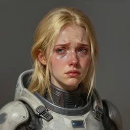 portrait of a crying woman by greg rutkowski, she is about 3 0 years old, slavic, pretty, blond hair with two strans around her face, devastated expression, helplessness and denial, she is wearing a futuristic space gear, highly detailed portrait, digital painting, artstation, concept art, smooth, sharp foccus ilustration, artstation hq.