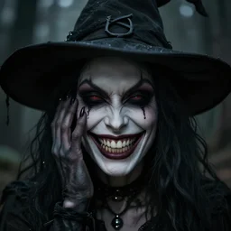 dark eerie witch holding a realistic face partially covering her wicked grin