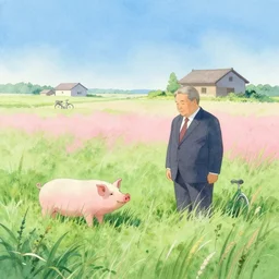 viktor orban chasing a pig, landscape, tall weeds, a bicycle, a cottage, gentle gradients, sunlit, blue sky, japanese countryside. green and pink and blue, bright pastel watercolour, by gyo fujikawa
