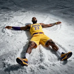 LeBron James making a snow angel