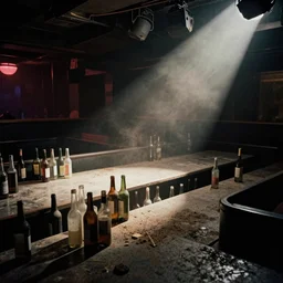 lomo photo of empty night club, washed colors, empty bottles everywhere, dust and grease,