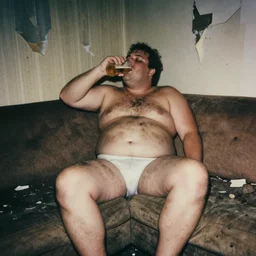a dirty grunge picture with dark and muted colors of a very very fat man in his underwear sitting on the couch drinking beer. an apartment full of dirt with torn wallpaper in the background. photorealistic 1 9 7 0 s polaroid flash photography, complex massive detail.