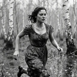 movie still close - up of a woman in a dirty dress running in a swamp with birch forest, snow, cinestill 8 0 0 t 3 5 mm b & w, heavy grain, high quality, high detail, mud, fog, rain