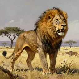 a lion headed muscular barbarian by Frank Frazetta, in a savanna