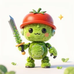cute robot made of plants wearing tomato hat and a chive sword, made in abyss style