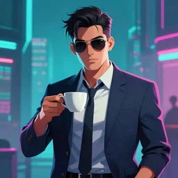portrait of a handsome CEO having a cup of coffee. cyberpunk style, digital art artstation cgsociety